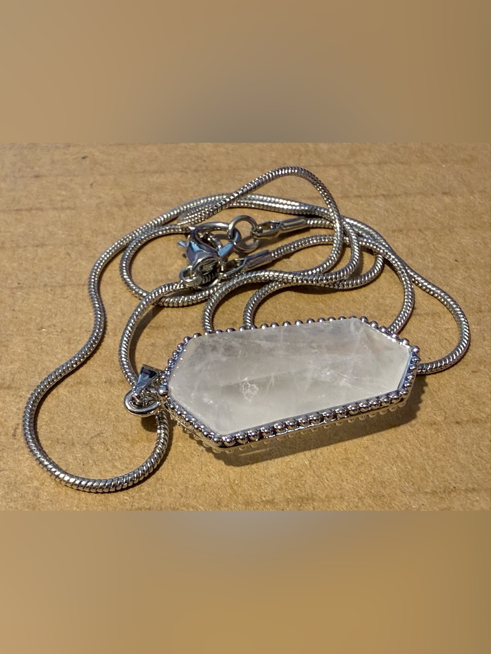 White Stone Pendant Necklace with Silver Beaded Frame - Women's Jewelry